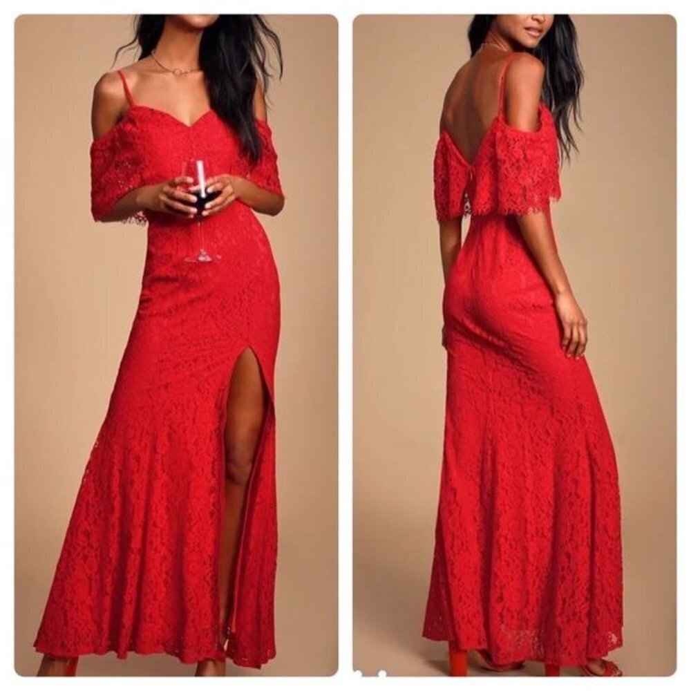Lulus Caterina Red Lace Off-the-Shoulder Maxi Dress